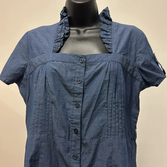 Millennium Dress Blue Empire Neck Ruffled Button Down Sz Large Short Sleeve Mini - Picture 3 of 6